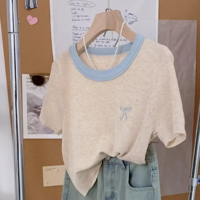 T-shirt à col rond pour femme, tricot avec nœud brodé, design chic, doux et confortable, haut monoch