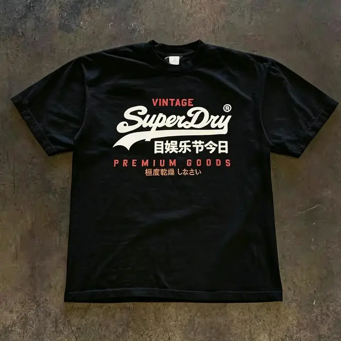T-shirt graphique rétro SuperDry style japonais pour homme 100 % coton coupe oversize streetwear blanc Nouveauté 2026