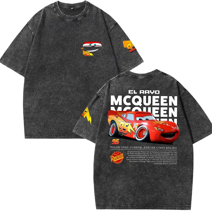 T-shirt Rétro Lightning McQueen Effet Délavé Homme et Femme Coupe Oversize Manches Courtes Motif Voi