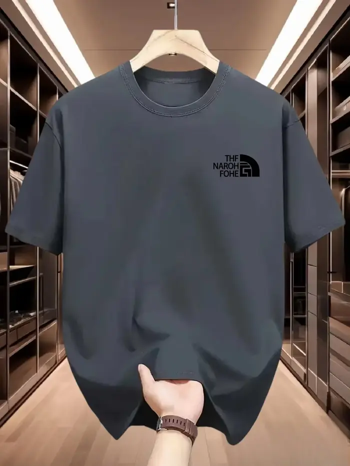 T-shirt d'été pour hommes de couleur unie avec impression de motifs simples, confortable, doux et re