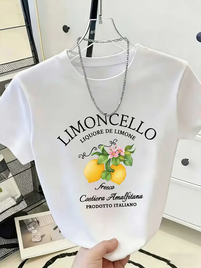Nouvelle collection 2026 T-shirt italien Côte Amalfi Citron Col Rond avec Imprimé Fruits et Lettres