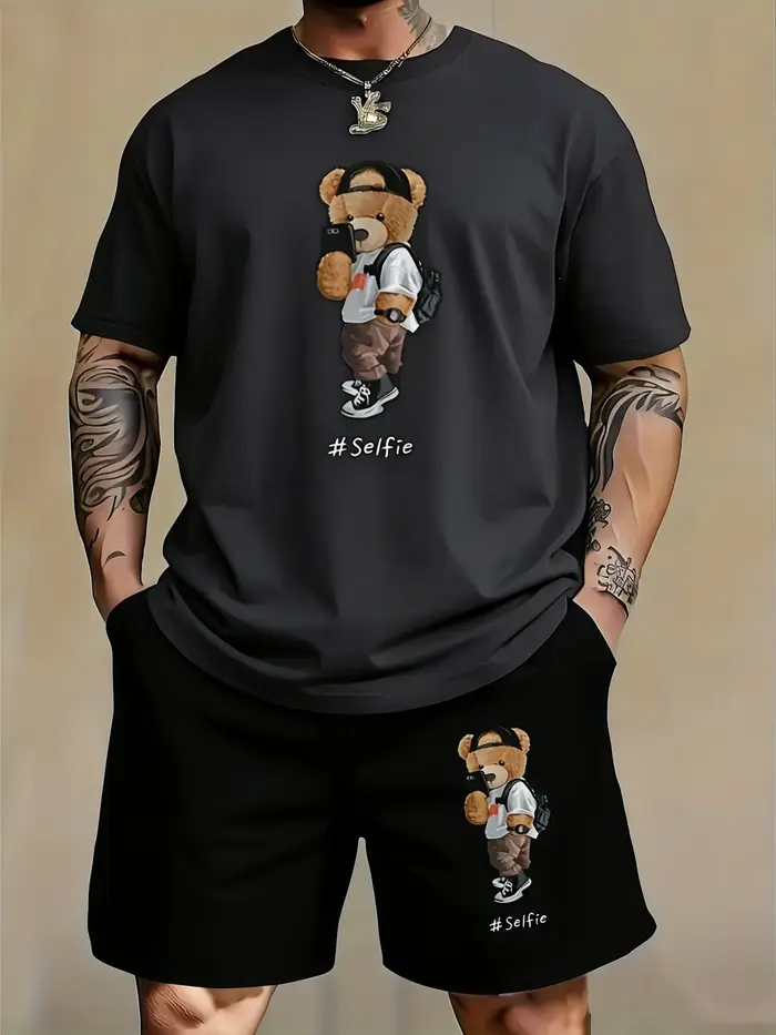Ensemble deux pièces noir pour homme Selfie Teddy Bear : T-shirt à manches courtes et short