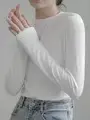 T-shirt à manches longues en coton blanc pour femme, vêtement de couleur pure, sans doublure