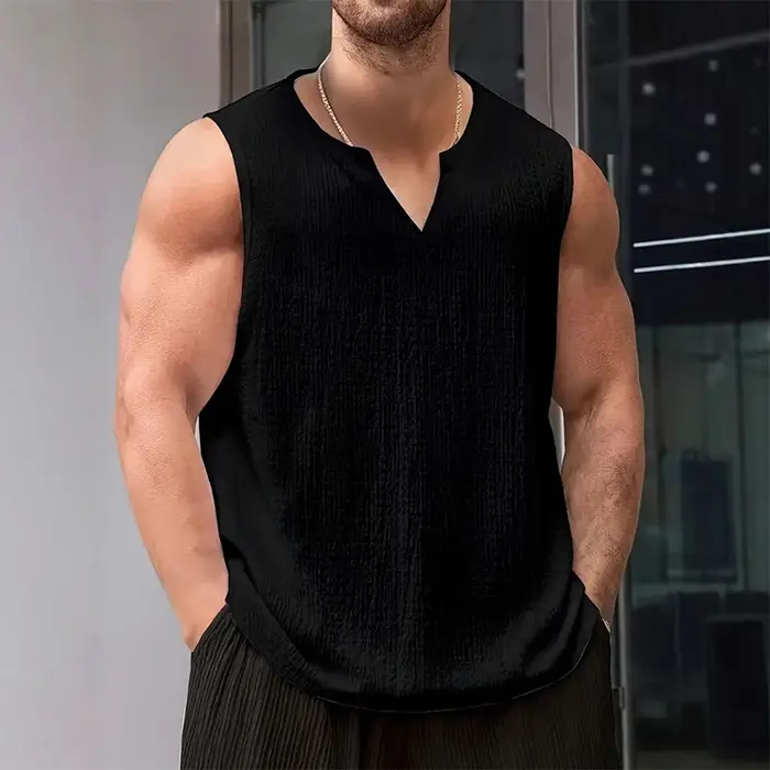 Nouveau Style américain hommes Fitness débardeurs mode populaire col en V couleur unie gilets Sexy décontracté coupe ajustée sans manches T-shirts S-2XL