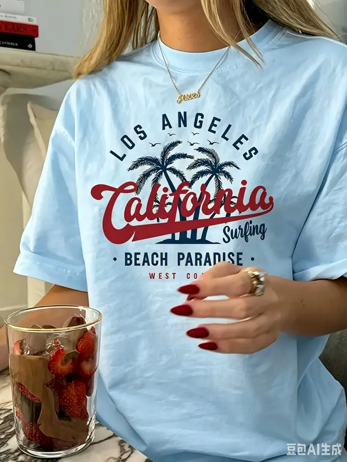 T-shirt d'été 100% coton pour hommes et femmes, imprimé plage de Los Angeles, Californie, décontracté, style surf, convient aussi aux enfants