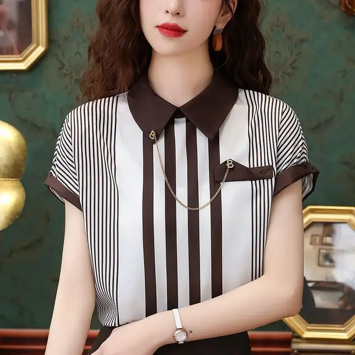Chemise française en mousseline de soie rayée pour femmes