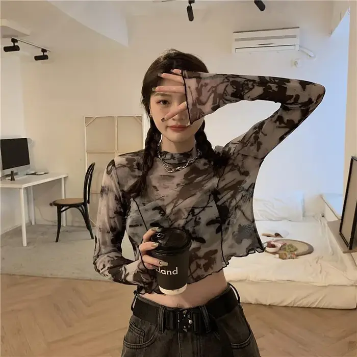 T-shirt à manches longues imprimé tie-dye pour femmes