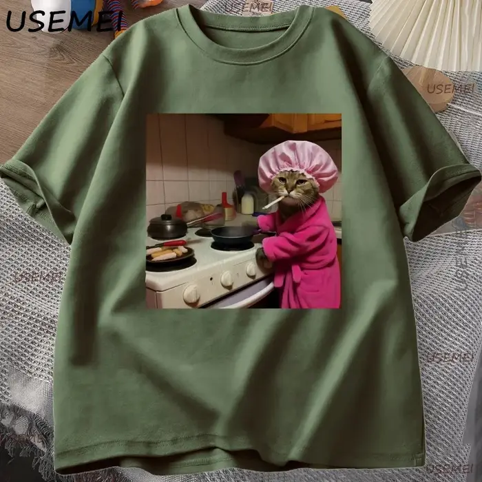 Drôle femme au foyer chat T-Shirt Vintage coton à manches courtes Gen Z blague