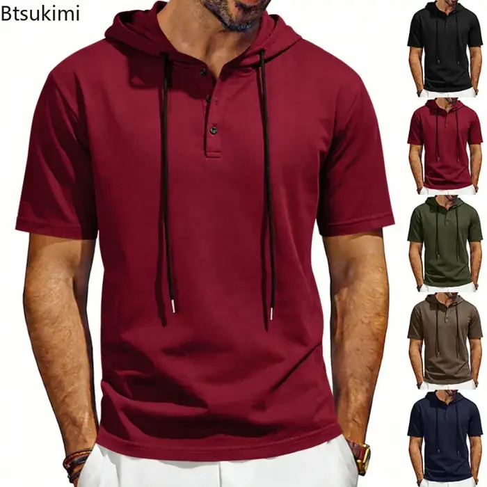 T-shirt à capuche confortable à manches courtes pour homme 2026 – Col Henley