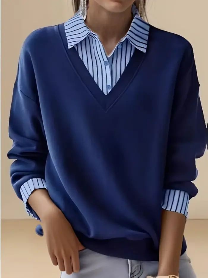 Polo à manches longues uni pour femme avec col color-block, haut tricoté élégant et décontracté pour
