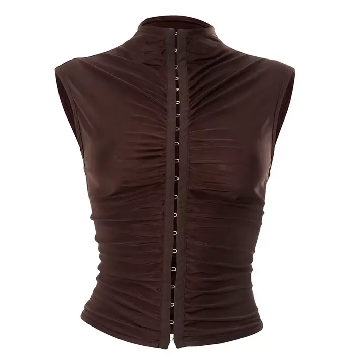 Crop top tendance pour femme, Nouveauté 2026, sexy, ajusté, col semi-montant, sans manches, froncé,