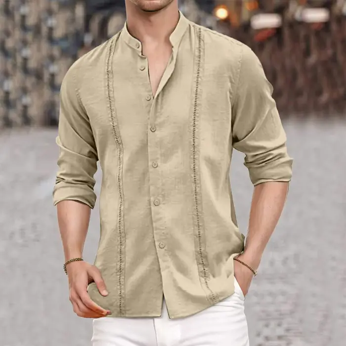 Chemises cubaines vintage pour hommes, mode printemps-automne, chemise guayabera unie à manches longues, chemise en coton et lin avec boutons brodés