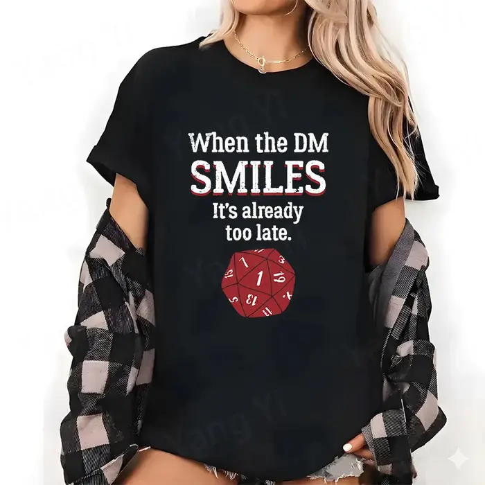 T-shirt unisexe en coton imprimé DM pour jeux de rôle sur table, motif dés à 20 faces, rouge, décont