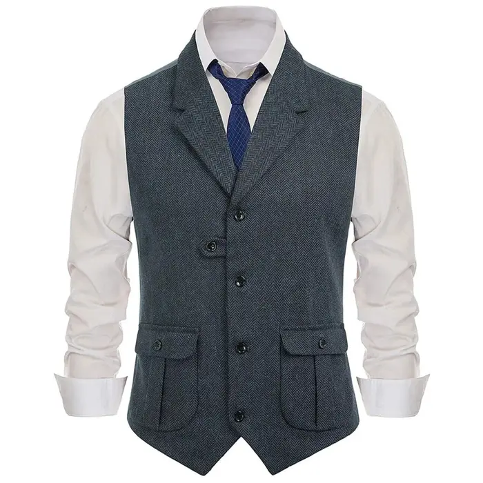 Gilet kaki à chevrons pour hommes, bouton unique avec revers, pour mariage, Banquet, bureau, travail