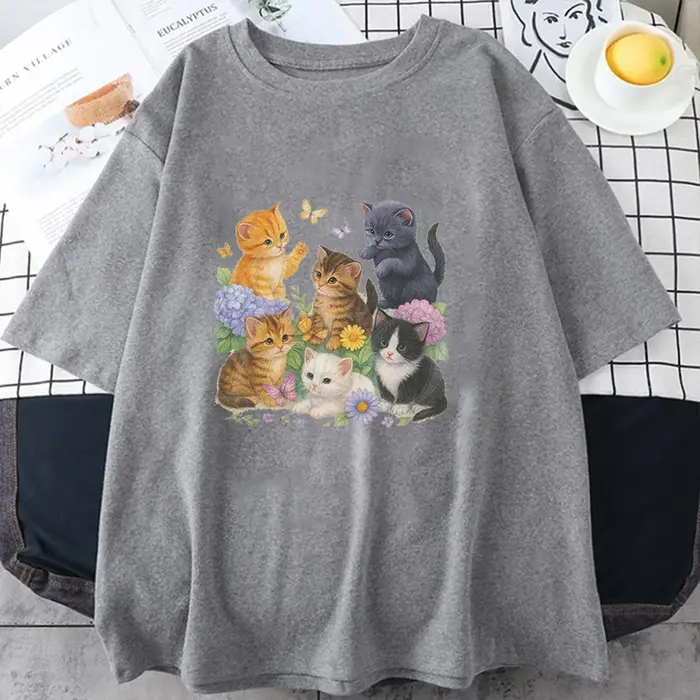 T-shirts à manches courtes avec imprimé chaton vintage mignon