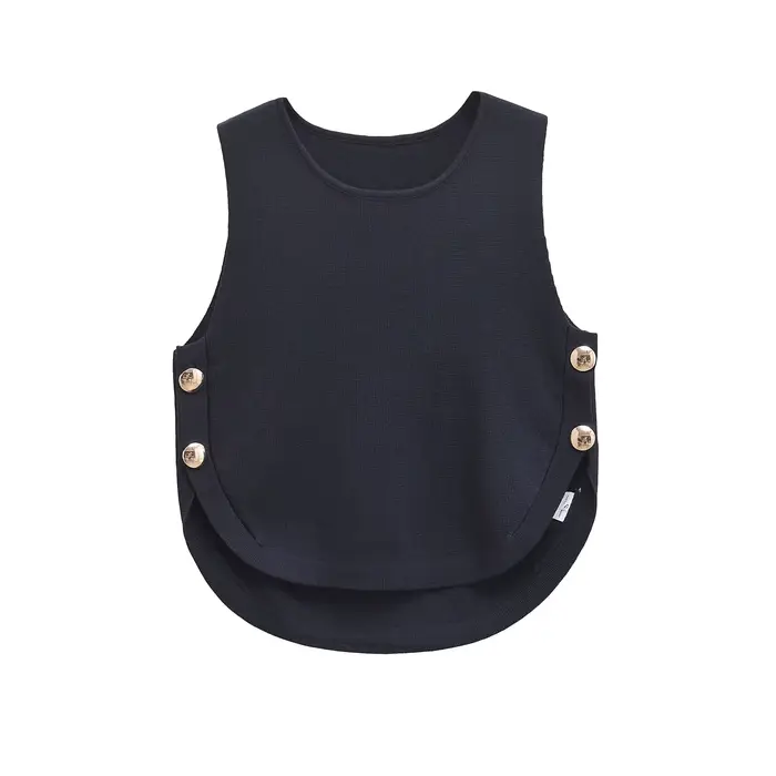 2025 Haut sans manches chic pour femme avec boucles latérales Ourlet asymétrique Haut court décontracté à col rond