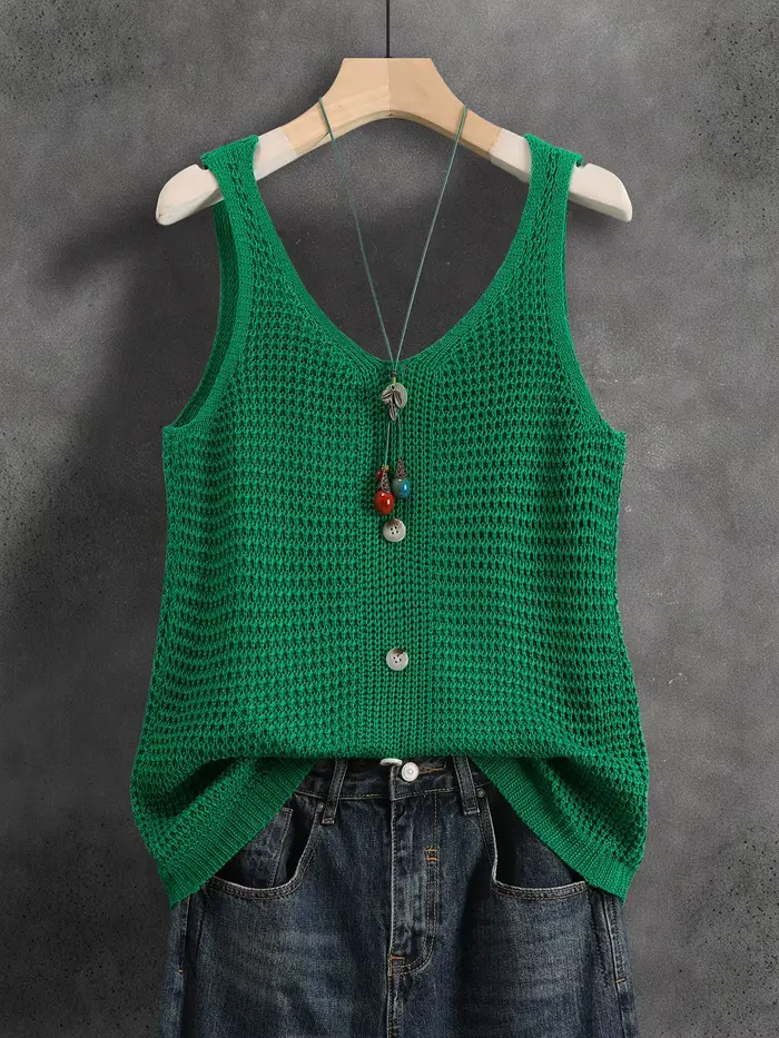 Gilet tricoté sans manches à col en V, réversible avec faux boutons, Nouvelle collection été 2026, H