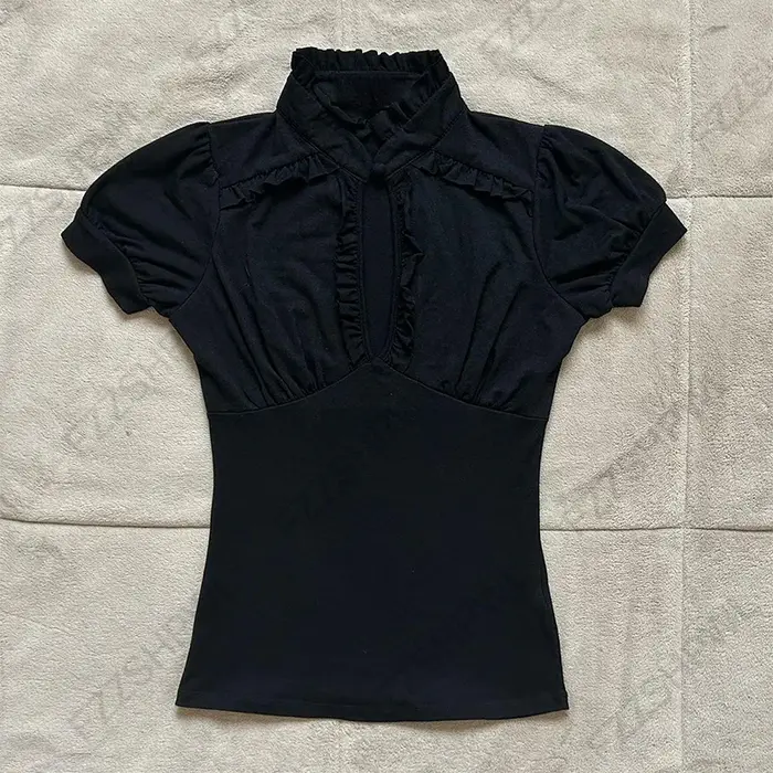 Couleur unie polyvalent T-shirt dentelle rétro décoration punk Y2K haut court rock esthétique mince haute rue urbain