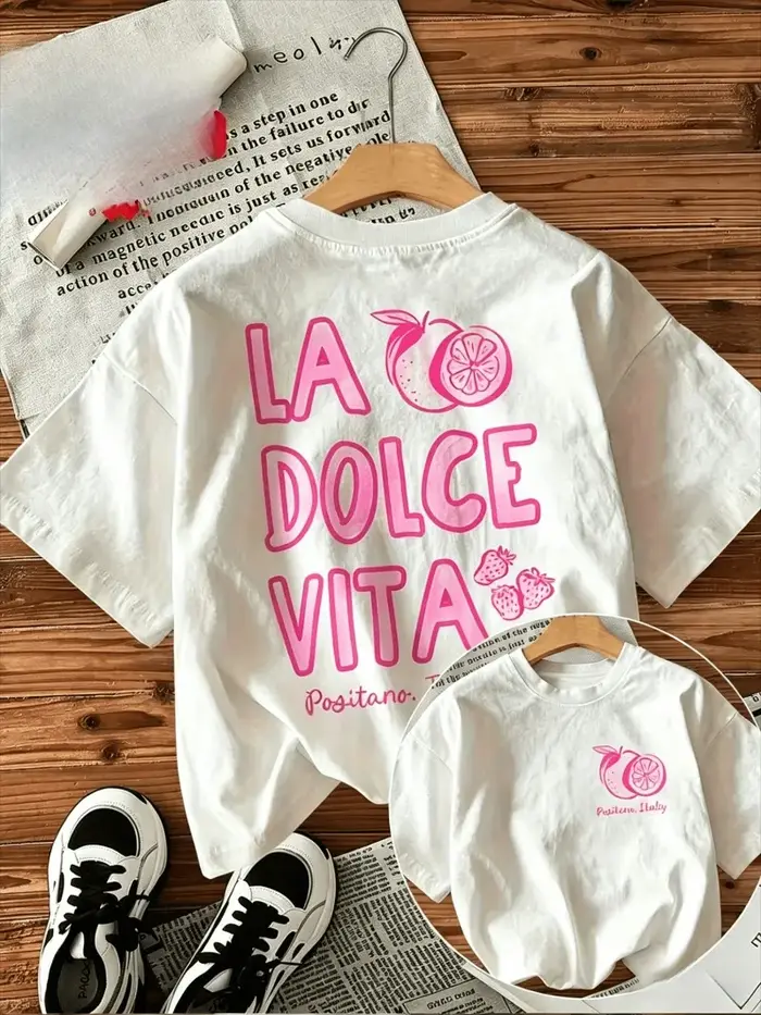 T-shirt imprimé La Dolce Vita aux agrumes, Positano Italie, hauts graphiques double face à manches c
