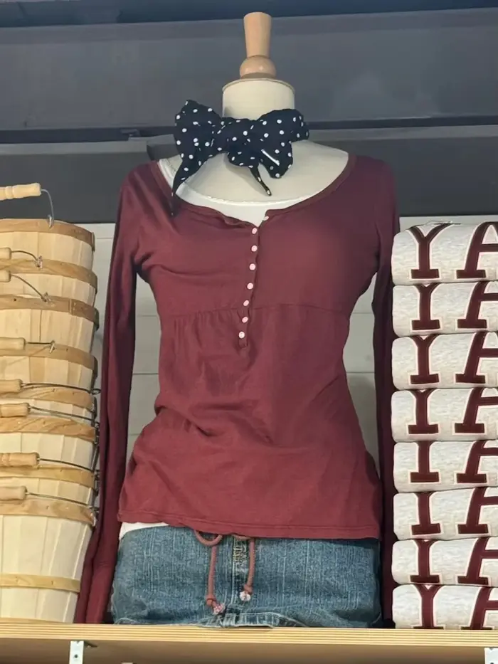 T-shirts à manches longues bordeaux pour femme, col rond, coupe trapèze, en coton, décontractés, sim