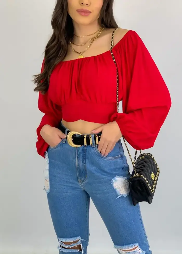T-shirt à manches bouffantes à lacets pour femmes
