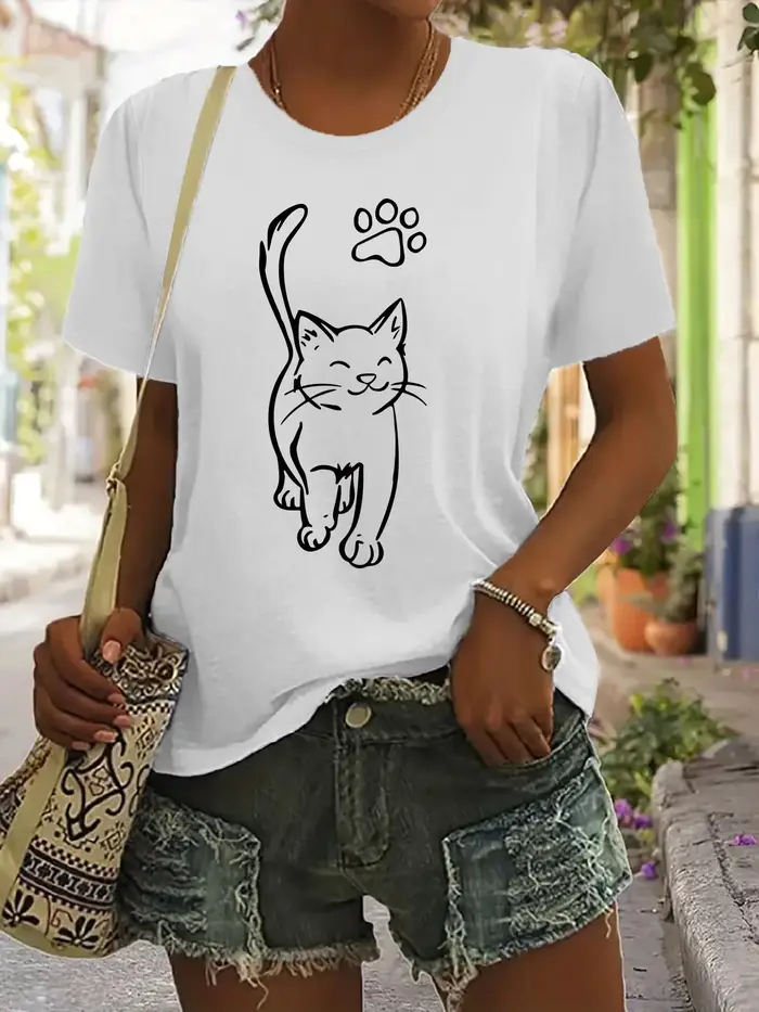 Charmant chat imprimé T-Shirt pour femmes décontracté col rond haut à manches courtes Style urbain i