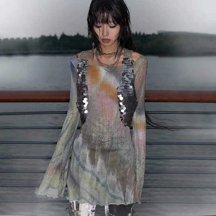 Karrcat Trashy Y2k cravate-teinture maille hauts Grunge esthétique manches évasées hauts transparent