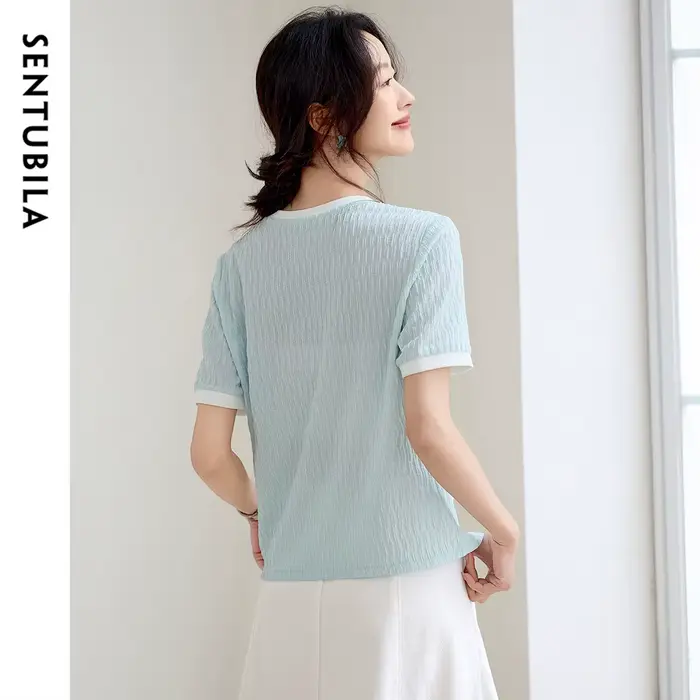 T-shirt à manches courtes plissé pour femme SENTUBILA, nouvelle collection 2026, style décontracté,
