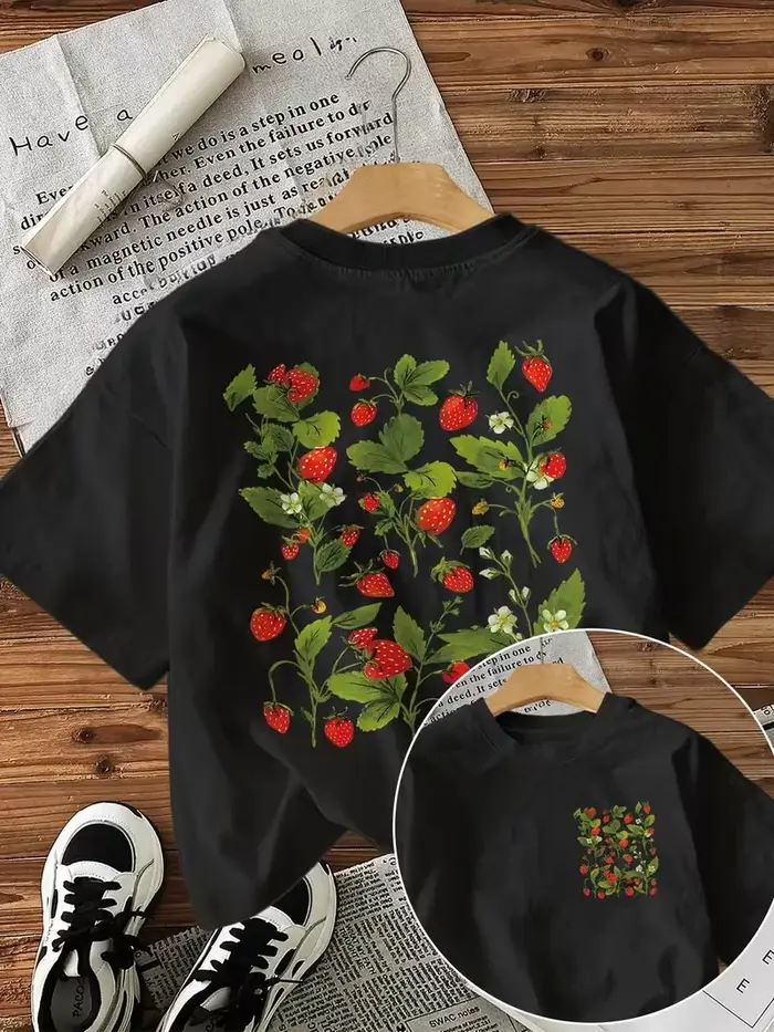 T-shirt à imprimé botanique fraise, T-shirt pour femme avec motif avant et arrière, col rond, manche