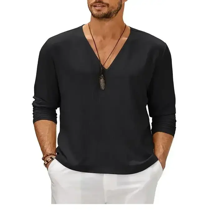 T-shirt à manches longues en coton et lin pour hommes, chemise respirante, couleur unie, décontracté