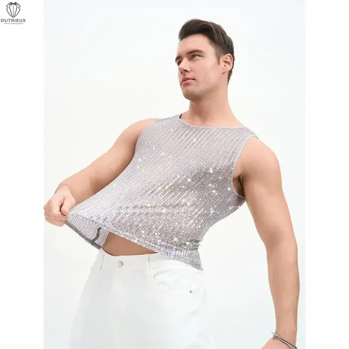 Débardeur court à paillettes pour homme – Gilet sans manches scintillant pour soirée