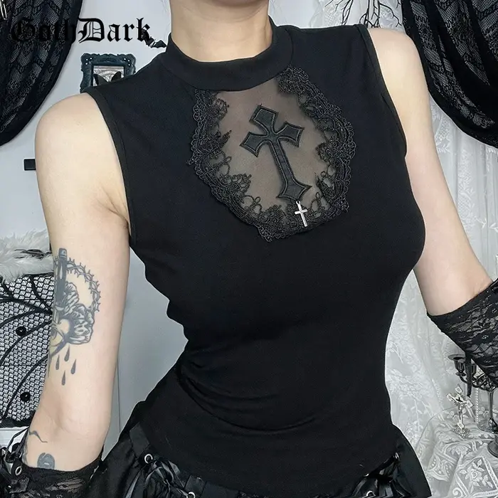 Goth foncé été réservoirs haut solide basique Techwear hauts femmes centre commercial gothique maille Patchwork croix gilet sans manches T-shirt Alt vêtements