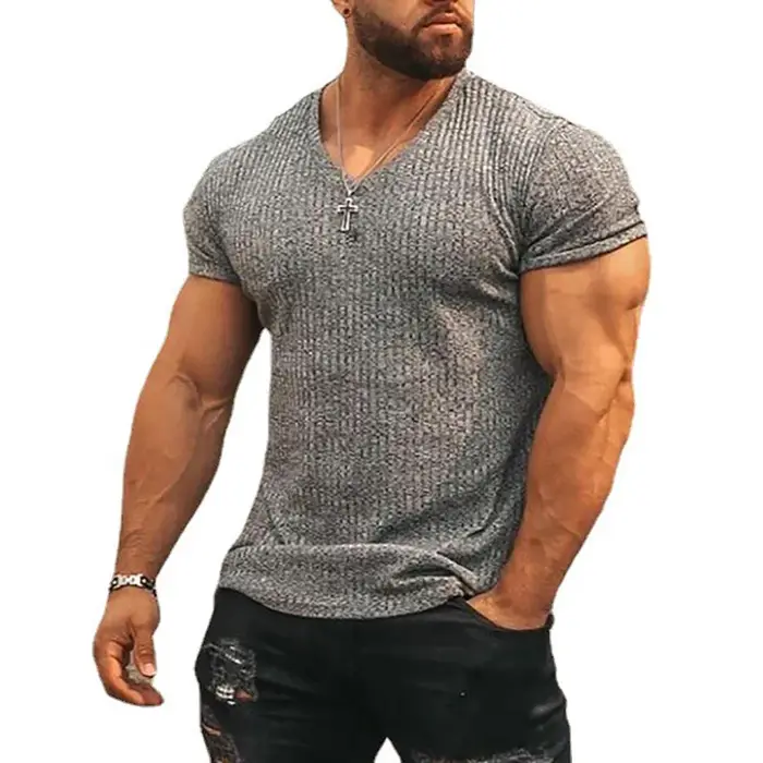 Hommes col en V à manches courtes T-shirt Fitness coupe ajustée sport