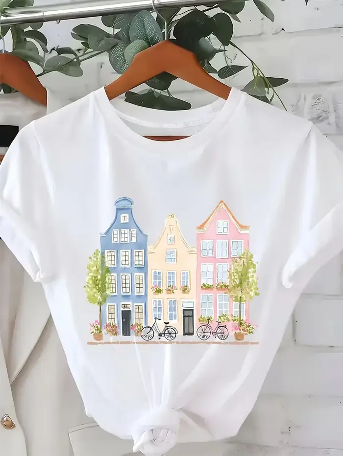 T-shirt pour femme avec motif des monuments britanniques (Big Ben, bus rouge), col rond décontracté,