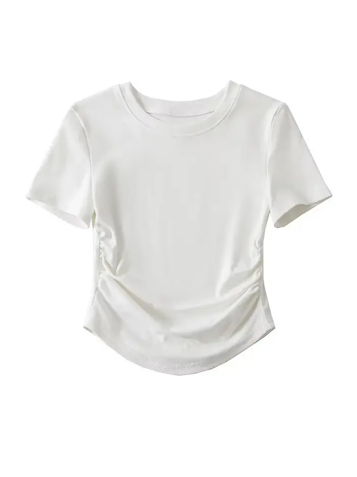 T-Shirt à Manches Courtes et Col Ras du Cou pour Femme, en Coton, avec Côtés Froncés, Style Harajuku