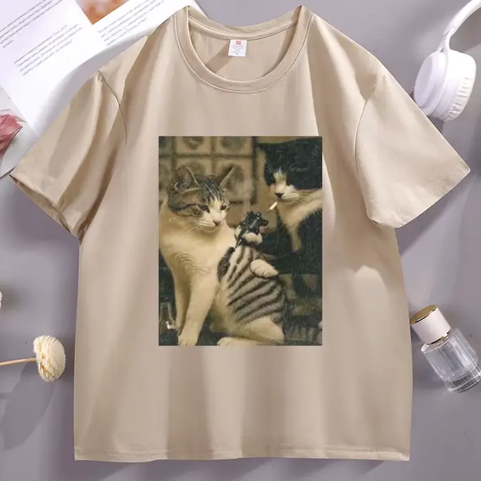 Tatouage chat Meme t-shirt décontracté coton à manches courtes t-shirts graphiques Streetwear haute qualité