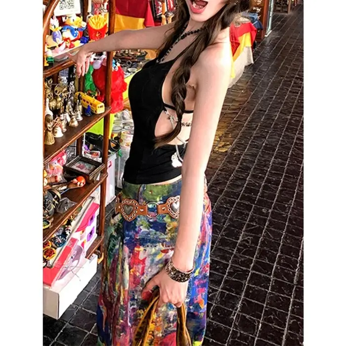 MEXZT Y2K rouge débardeur femmes Streetwear Sexy dos nu noir haut à licou été Gyaru Coquette esthétique Grunge chaîne Camis nouveau