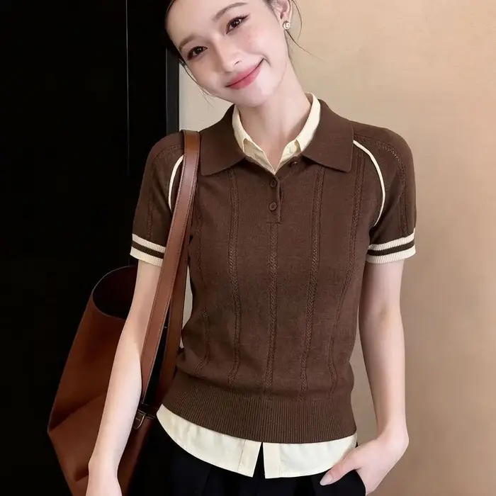 T-shirt marron à manches courtes pour femme, haut polo tricoté d'été