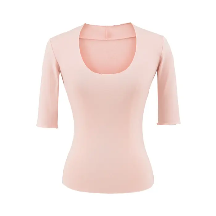 T-shirt à manches longues en coton et élasthanne pour femme, col en U, coupe ajustée, polyvalent, co