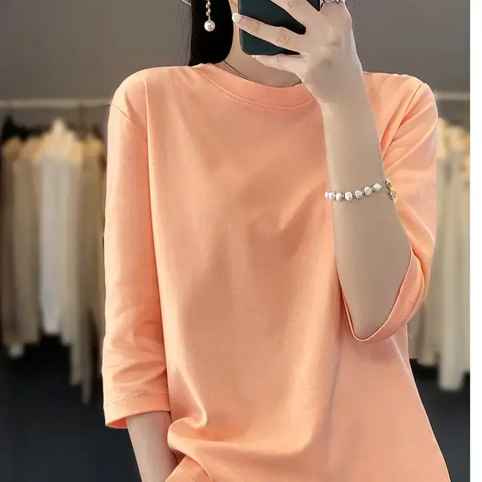 T-shirt 100 % coton à manches trois-quarts pour femme