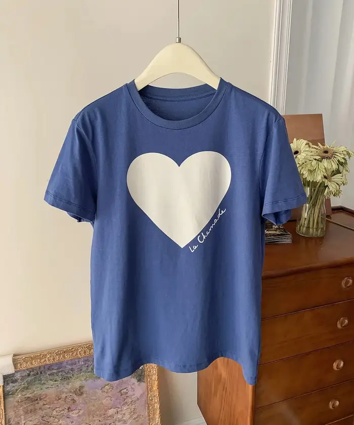 Coeur imprimé graphique T-shirt 2025 été femmes col rond manches courtes décontracté Chic T-shirts v