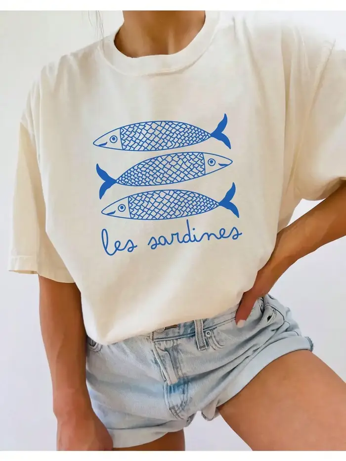INAWLY Sardine imprimer femmes t-shirt poisson en conserve chemise décontractée tomate fille côtière été
