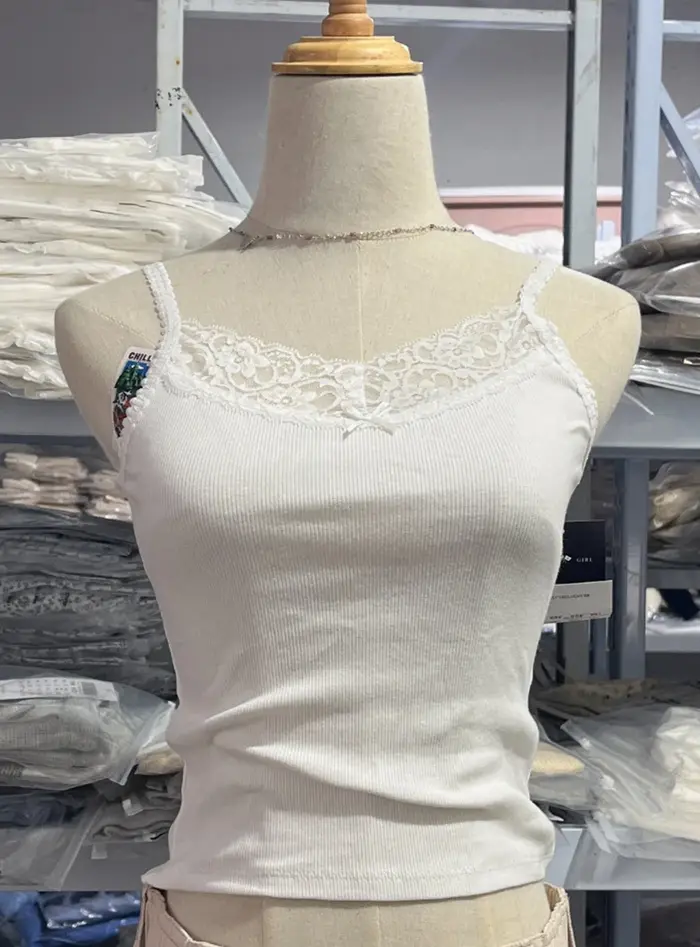 Débardeur court Y2K en coton côtelé blanc avec dentelle, style décontracté, sans manches, pour femme