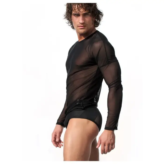 T-shirt à manches longues en filet de pêche en dentelle pour hommes