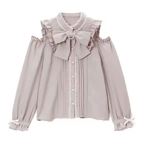Chemisier Tendance Japonais Style Doux Blouses à Manches Longues avec Nœud pour Femme Y2K Tops de Fête 2026