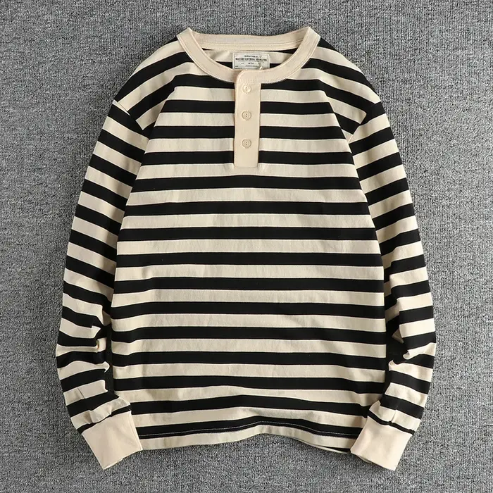 Automne américain rétro 230g poids lourd col Henry rayé T-shirt hommes mode 100% coton lavé décontracté ample résistant gars hauts