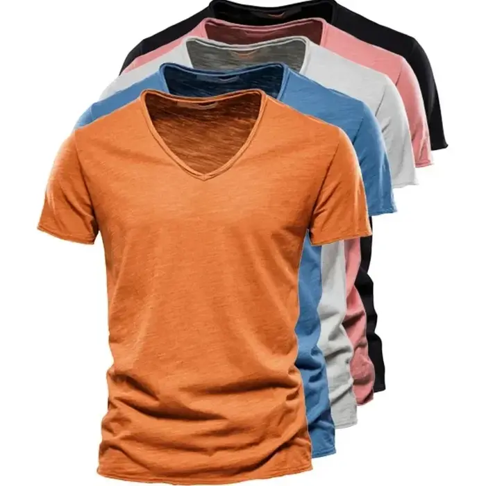 Nouveau 100% coton hommes T-shirt hauts col en V mince à manches courtes t-shirts de haute qualité