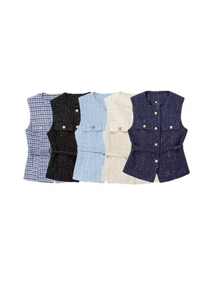 Gilet en Tweed avec ceinture pour femmes, col rond, sans manches, bouton sur le devant, vêtements d'extérieur pour femmes, hauts chics, à la mode