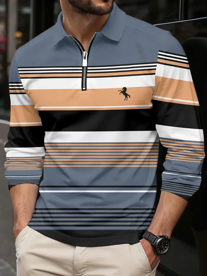 Polo à manches longues pour hommes avec col à fermeture éclair rayé, polo formel d'affaires à la mod