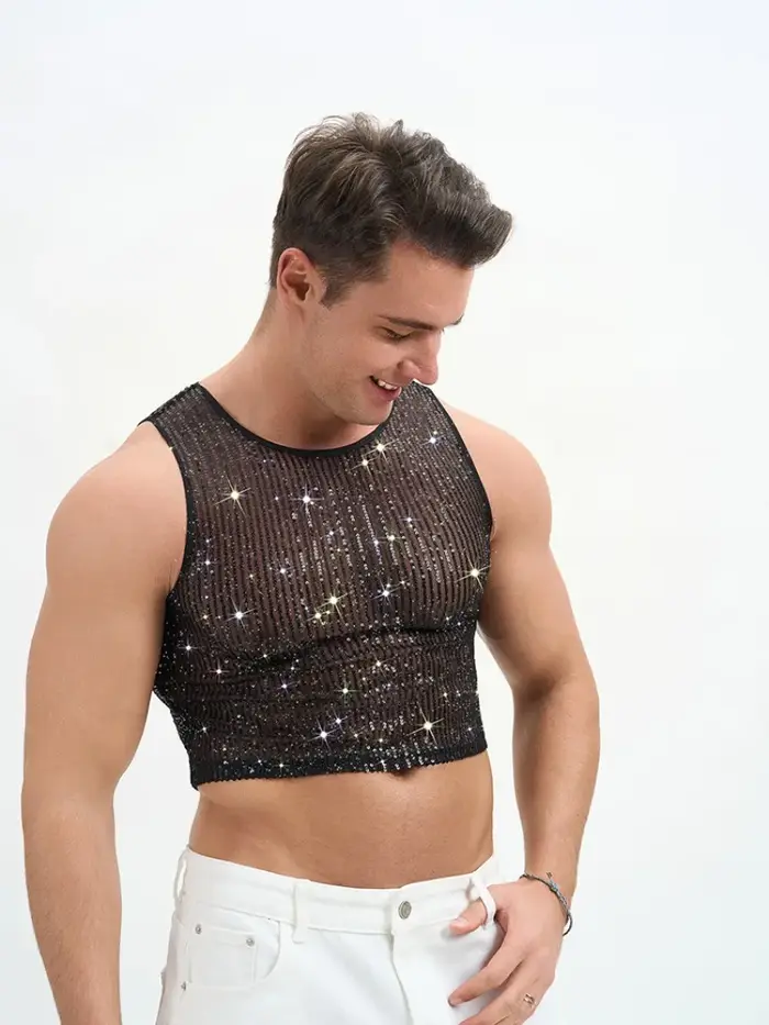 Débardeur court à paillettes pour homme – Gilet sans manches scintillant pour soirée, club, festival
